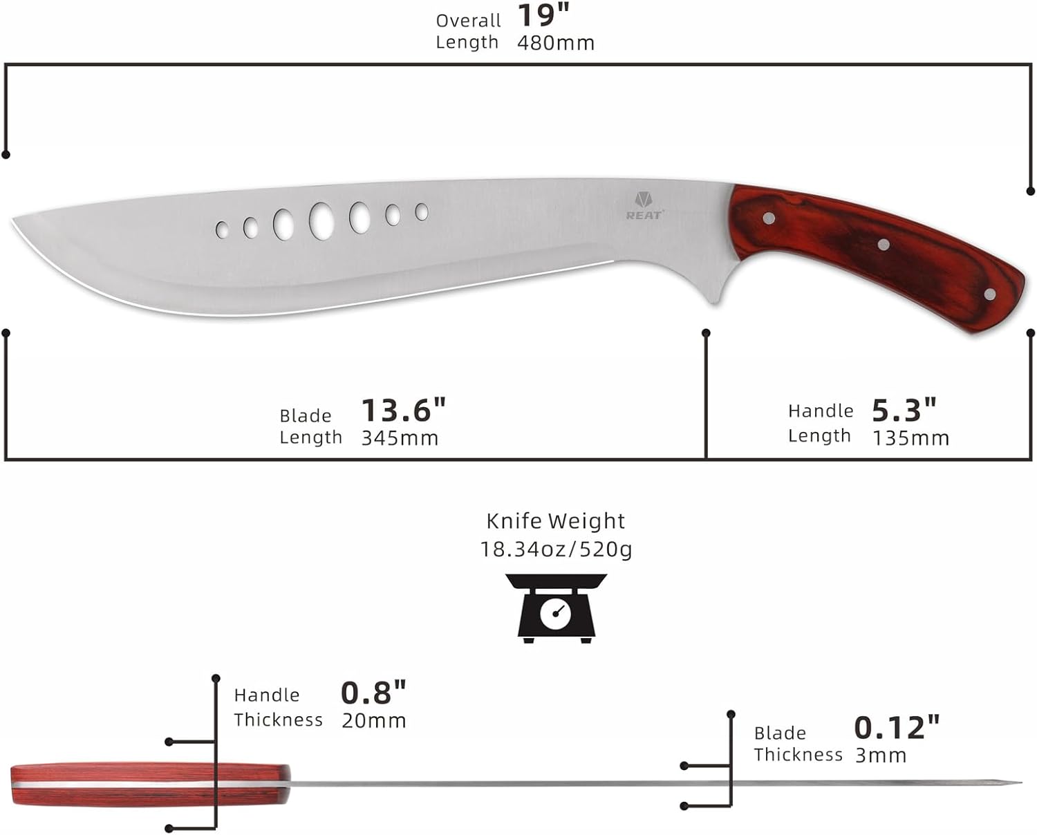 REAT Machete Heavy Duty with Leather Sheath,19-inch Full Tang 420 Stainless Steel Blade with Wood Handle,Machetes for Yard Work, Cutting Trees,Camping,Hunting - Image 6