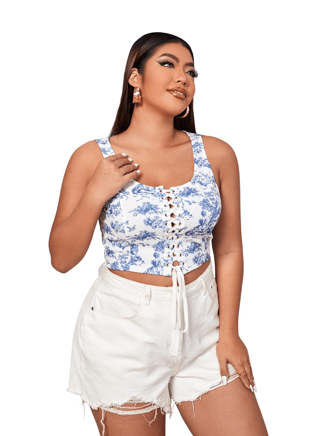 Womens Plus Size Floral Print Lace Up Front Sleeveless Crop
