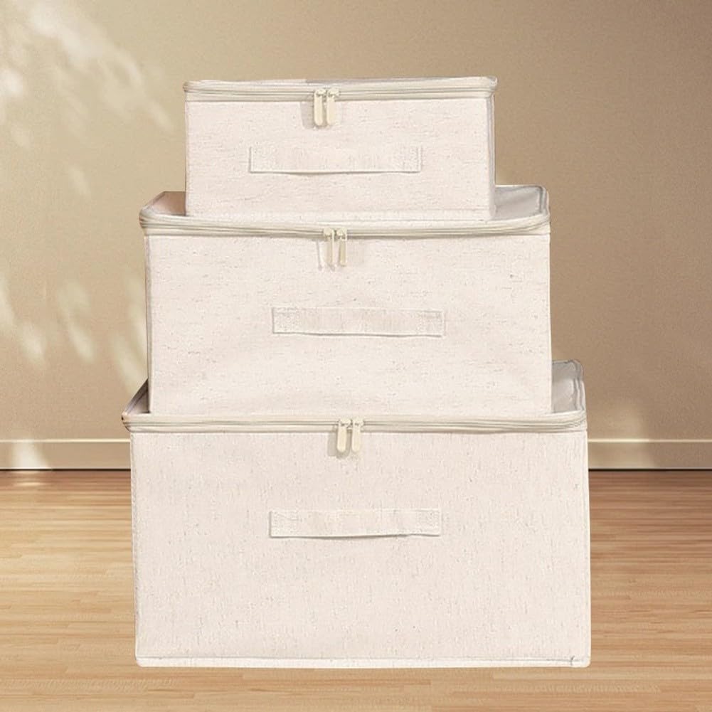 Caja de almacenamiento, 1 paquete organizador de tela, contenedor plegable para ropa, suéteres, colchas, contenedor apilable de lino de algodón con tablero reforzado, organización del hogar que ahorra