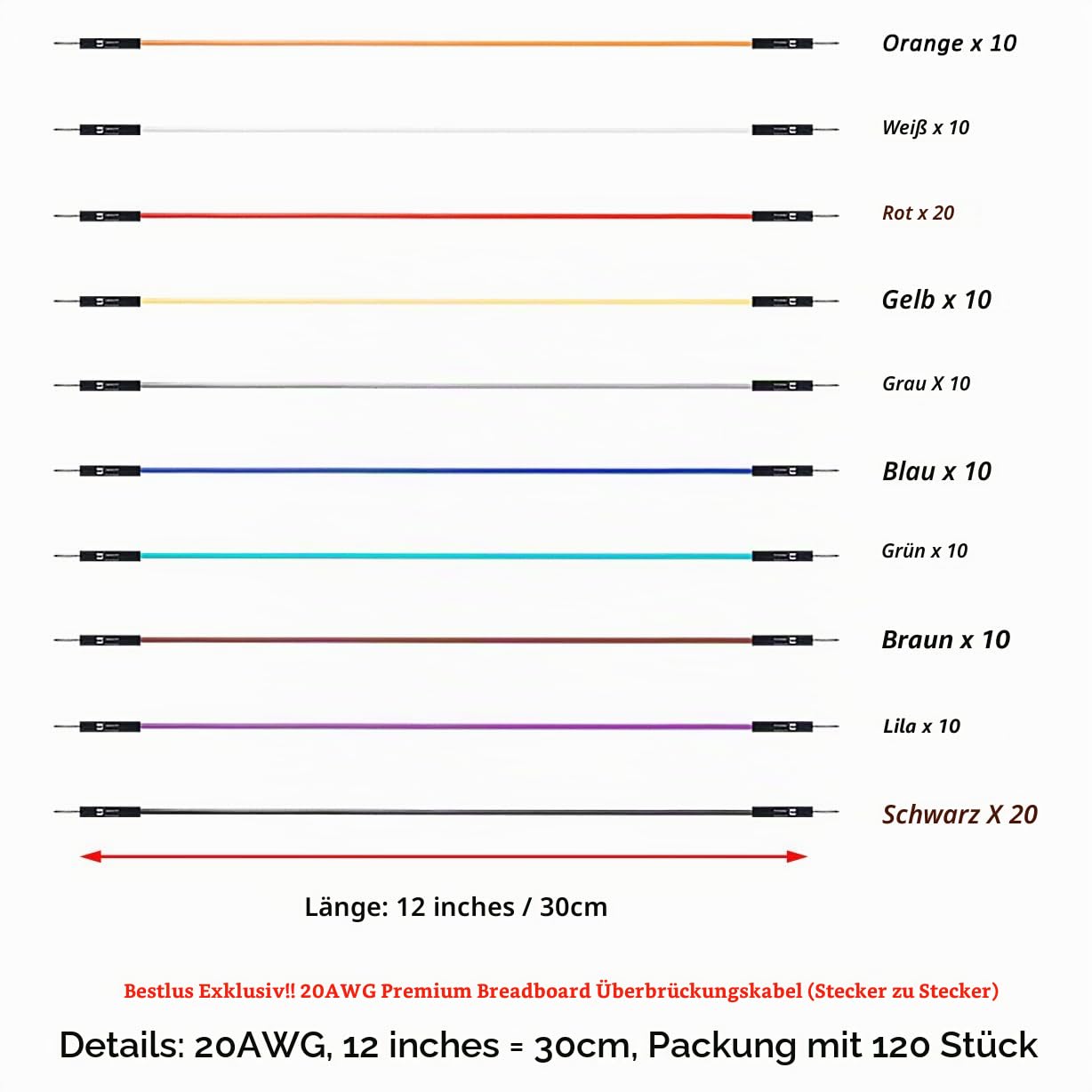 Breadboard Jumper Wires 20AWG, Bestlus Exklusiv Kabel Steckbrücken Jumper Steckbrücke Kabel 30 cm F/F, 10 Colors, Pack of 120, Square Head 0.1'' für (12'', M/M)