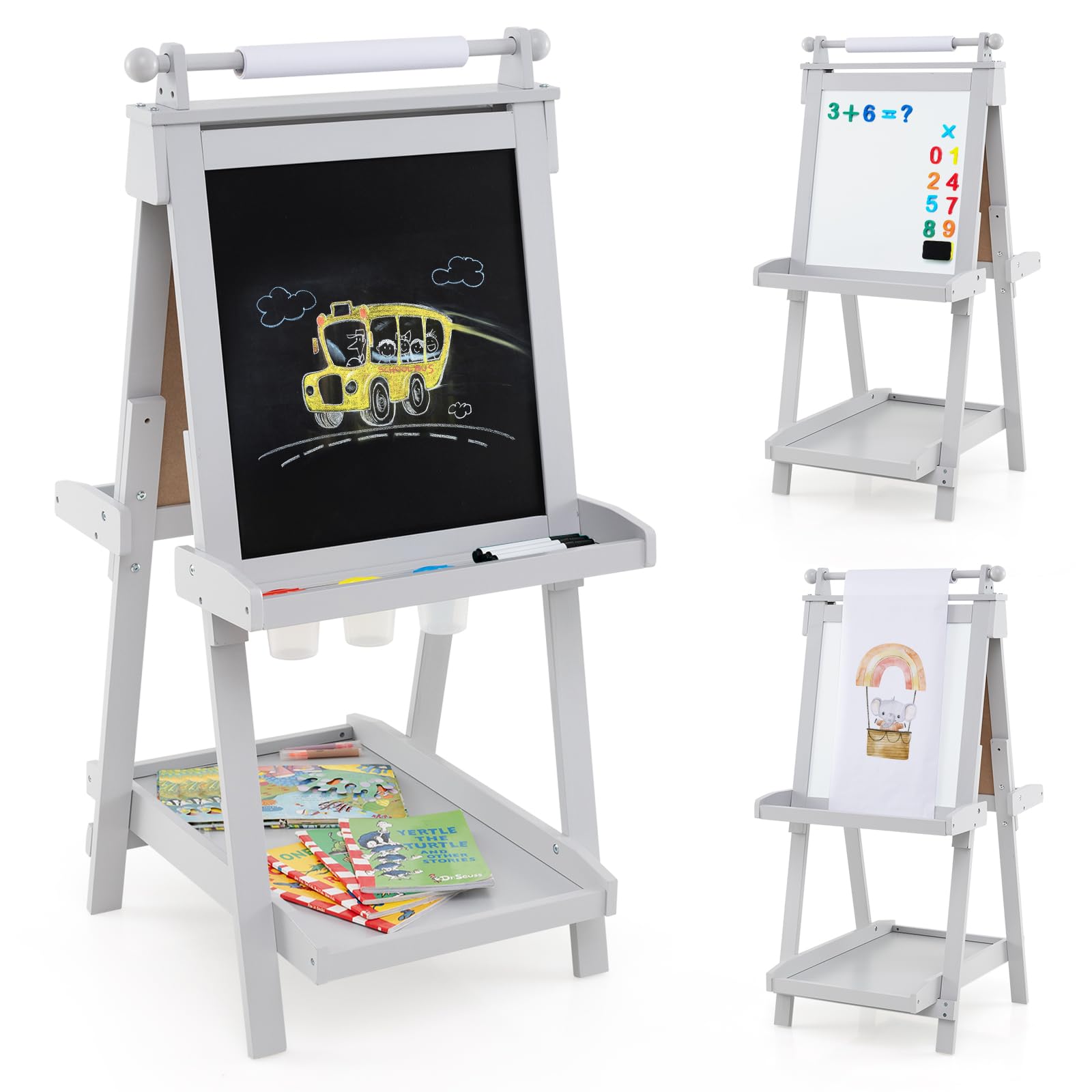 COSTWAY Kids Wooden Art Easel, Double-Sided Height Adjustable Children Easels with Paper Roll, Blackboard, Magnetic Whiteboard, 3 Paint Cups, Folding Drawing Board for Boys Girls (Grey)