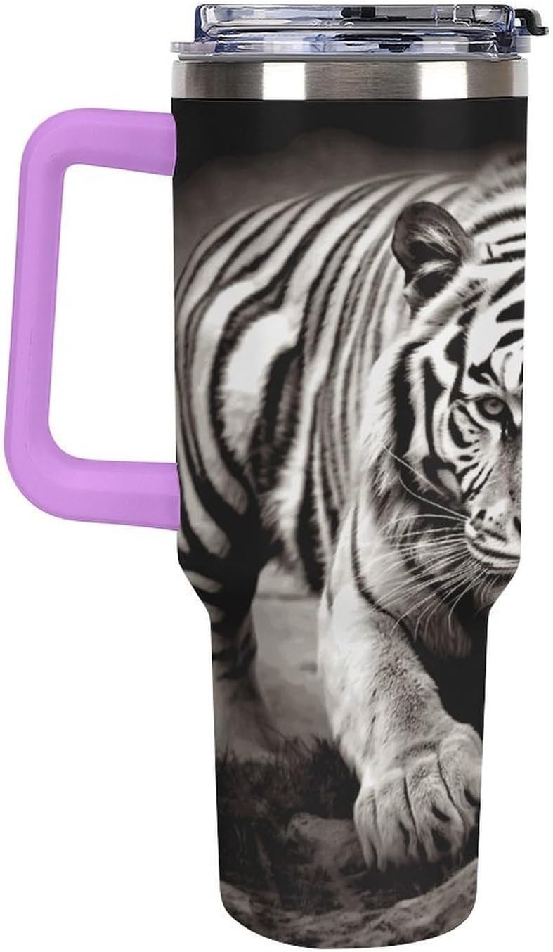 Black And White Tiger Travel Coffee Mug Reusable Durable Stainless Steel Insulated Tumbler with Handle And Straw Leak Resistant Portable Thermal Cup Gifts for Men Women 40 Oz