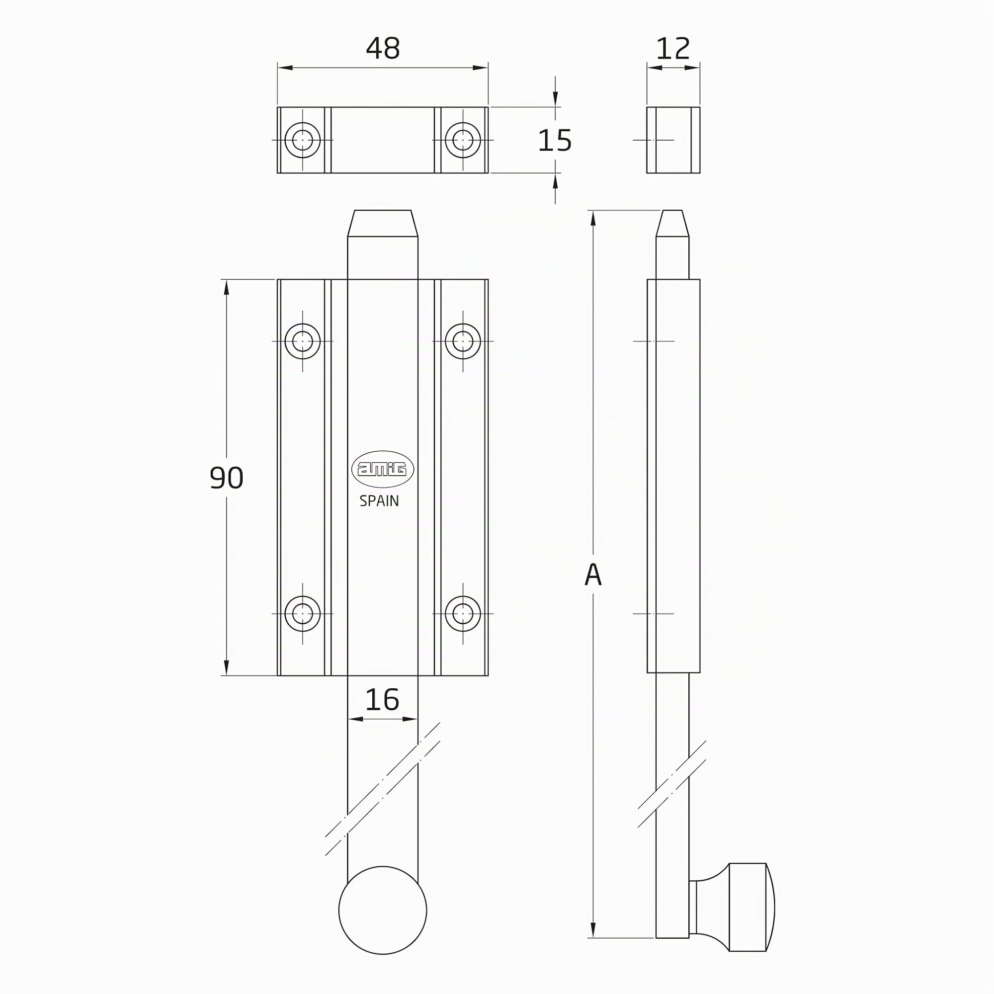 Amig - Pasador de Sobreponer para Puertas Mod.3700 - Pestillo de Seguridad para Colocar Horizontal o Vertical - De Latón con Acabado Cuero - Medidas: 400 x 48 mm - Incluye Tornillos