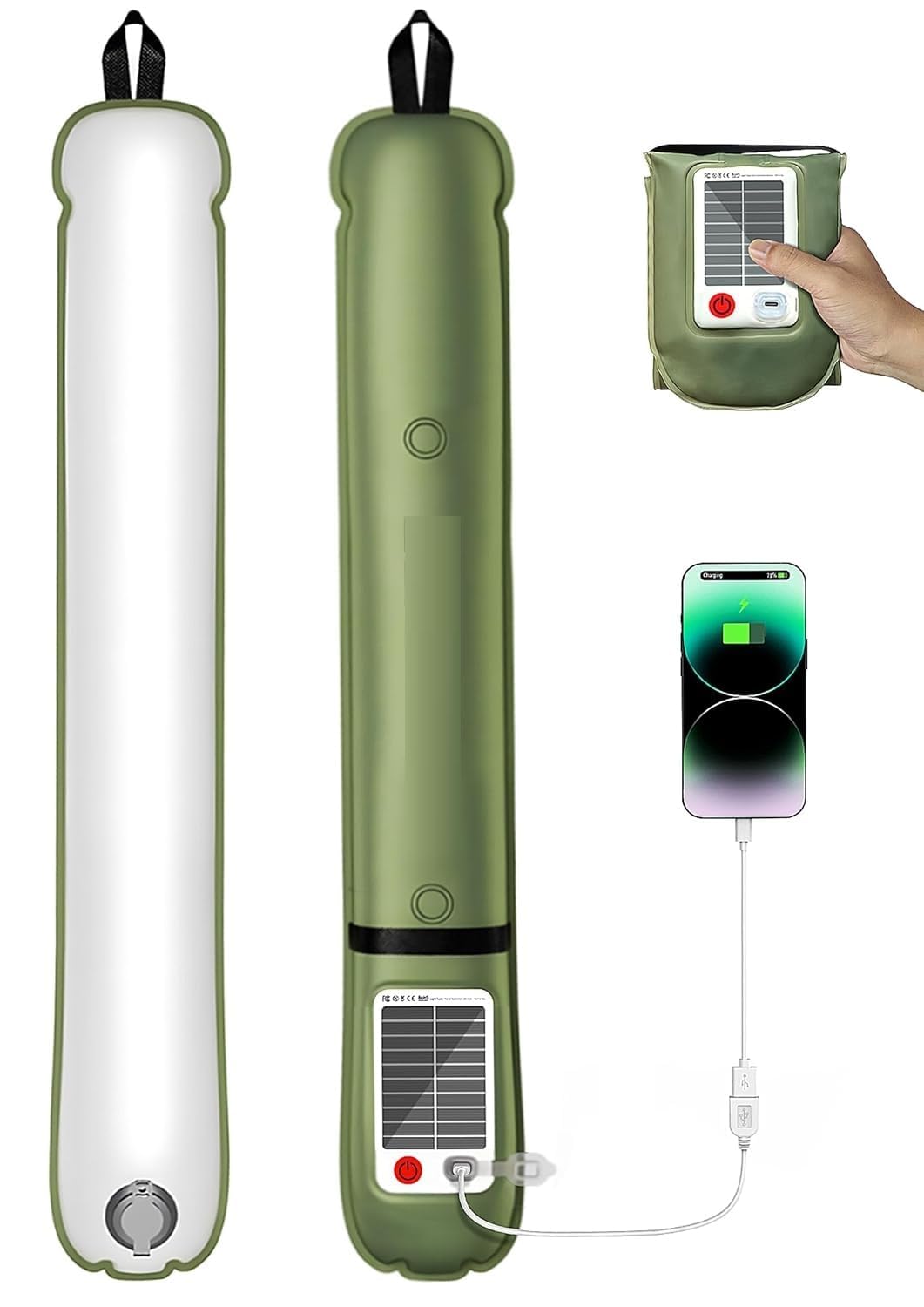 Solar Inflatable Camping Light Rechargeable 2000mAh with USB-C & Solar Charging, 4 Modes LED Tent Lantern, IP66 Waterproof Collapsible Tube Light with Power Bank for Hiking, Backpacking & Power Outage