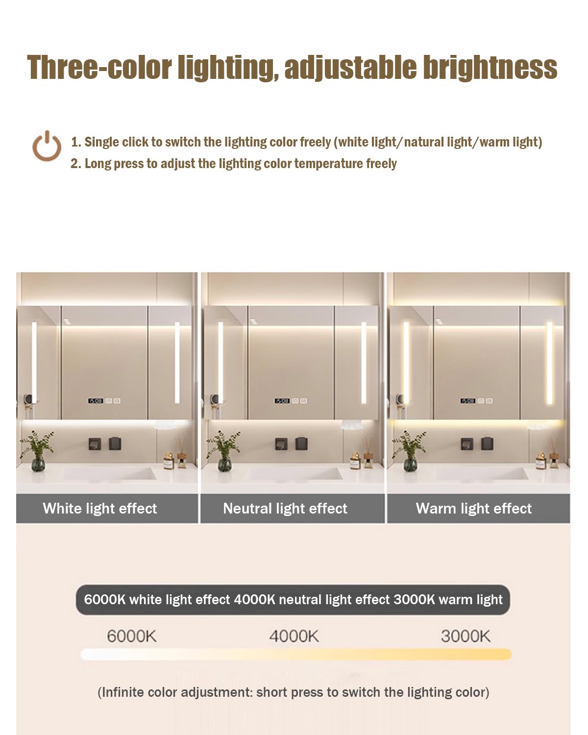 JSLJDM Specchio Bagno Contenitore Anti-Appannamento,Mobile Bagno con Specchio,specchiera Bagno con Contenitore,Specchio Contenitore da Parete Touch Control(Grigio e Bianco) 78x70x13cm Brown2