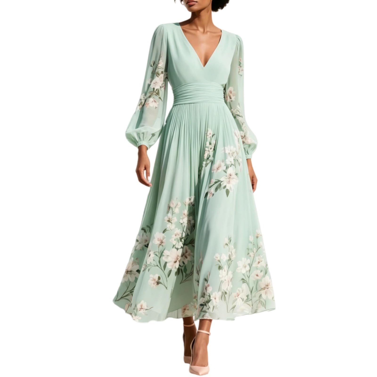 Abito da donna con scollo a V a maniche lunghe stampato a pieghe a vita alta Big Swing A-Line Maxi Abiti Femme Holiday Party
