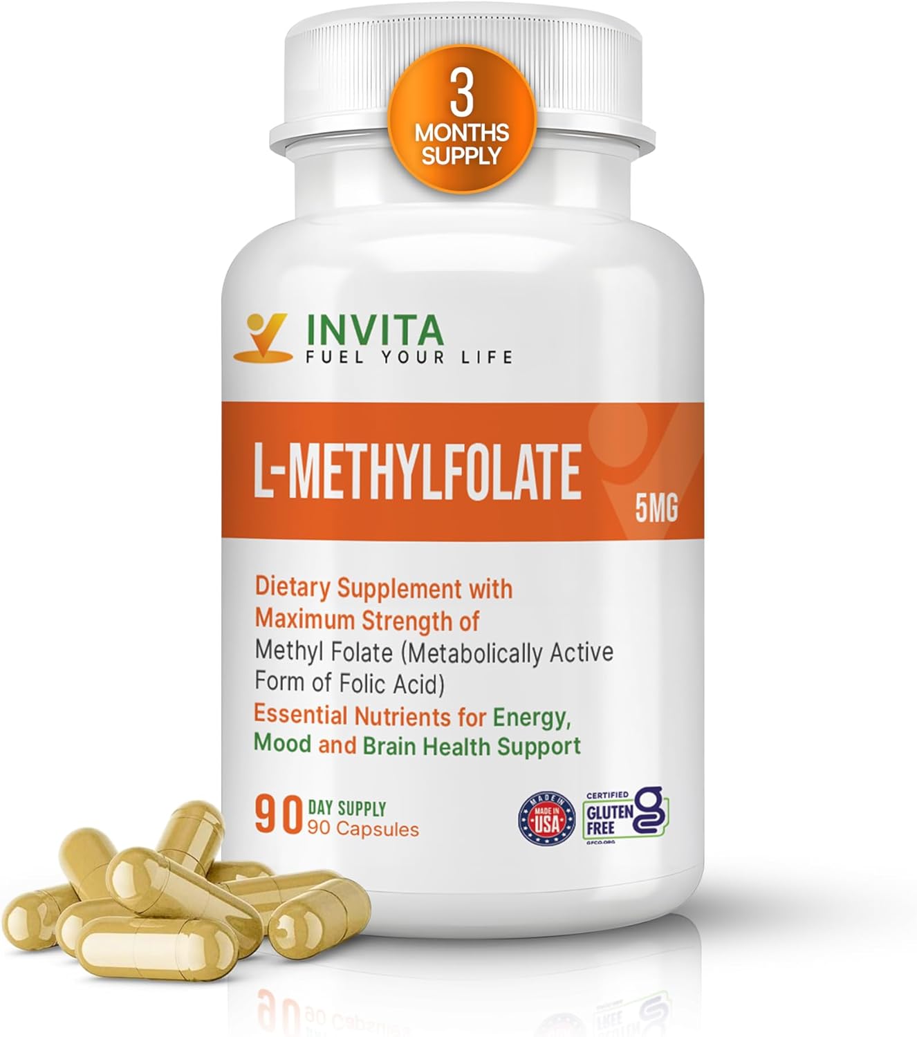 INVITA L-Methylfolate 5mg – Physician Formulated Active Methyl Folate - 5-MTHF Supplement for Energy, Mood & Brain Health Support - Non GMO, Gluten Free, 90 Capsules (3 Month Supply)