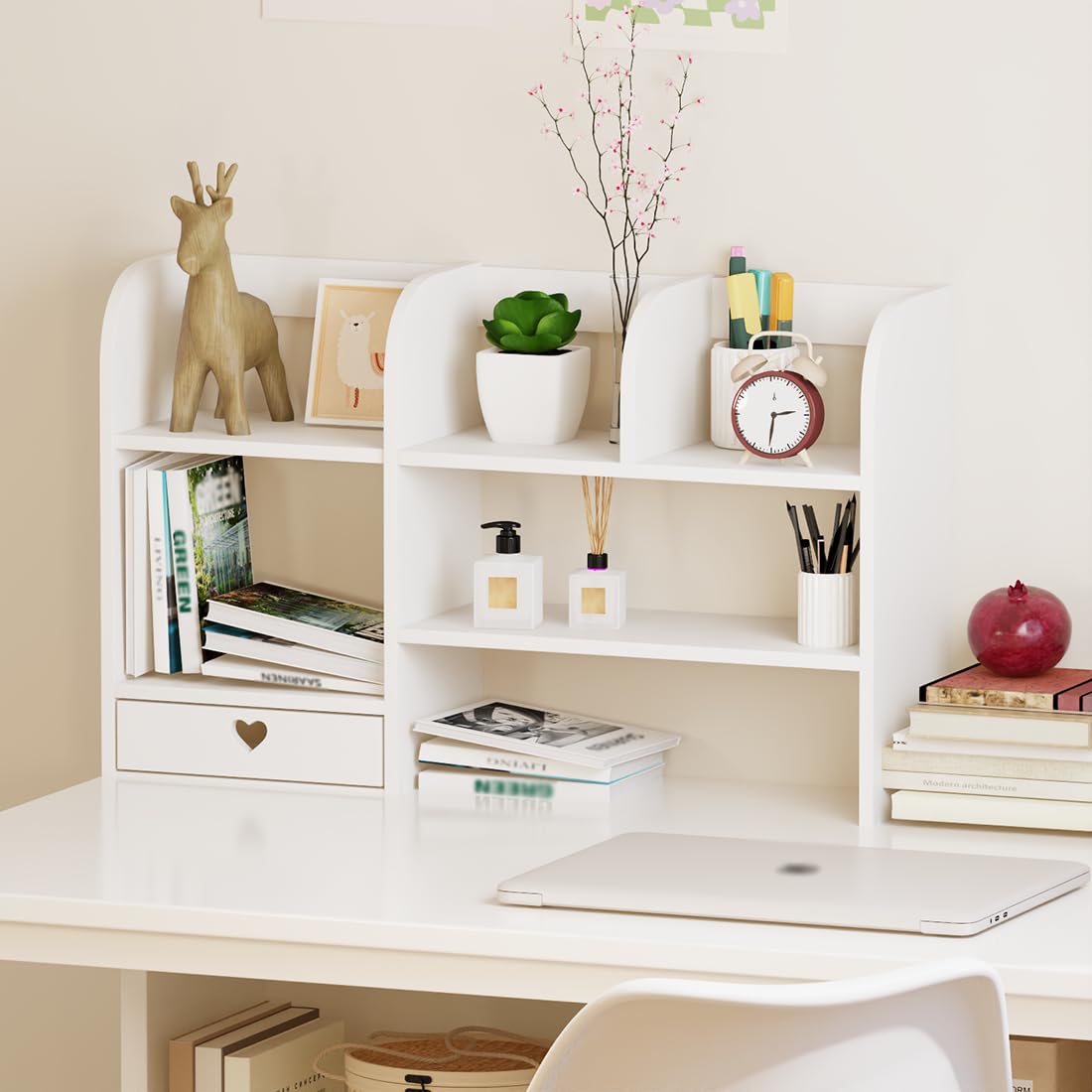 Niedliches Schreibtisch-Bücherregal, kleines Bücherregal, Organizer, Aufbewahrung, Präsentationsständer, Regal, Bürobedarf, Weiß (Farbe B)