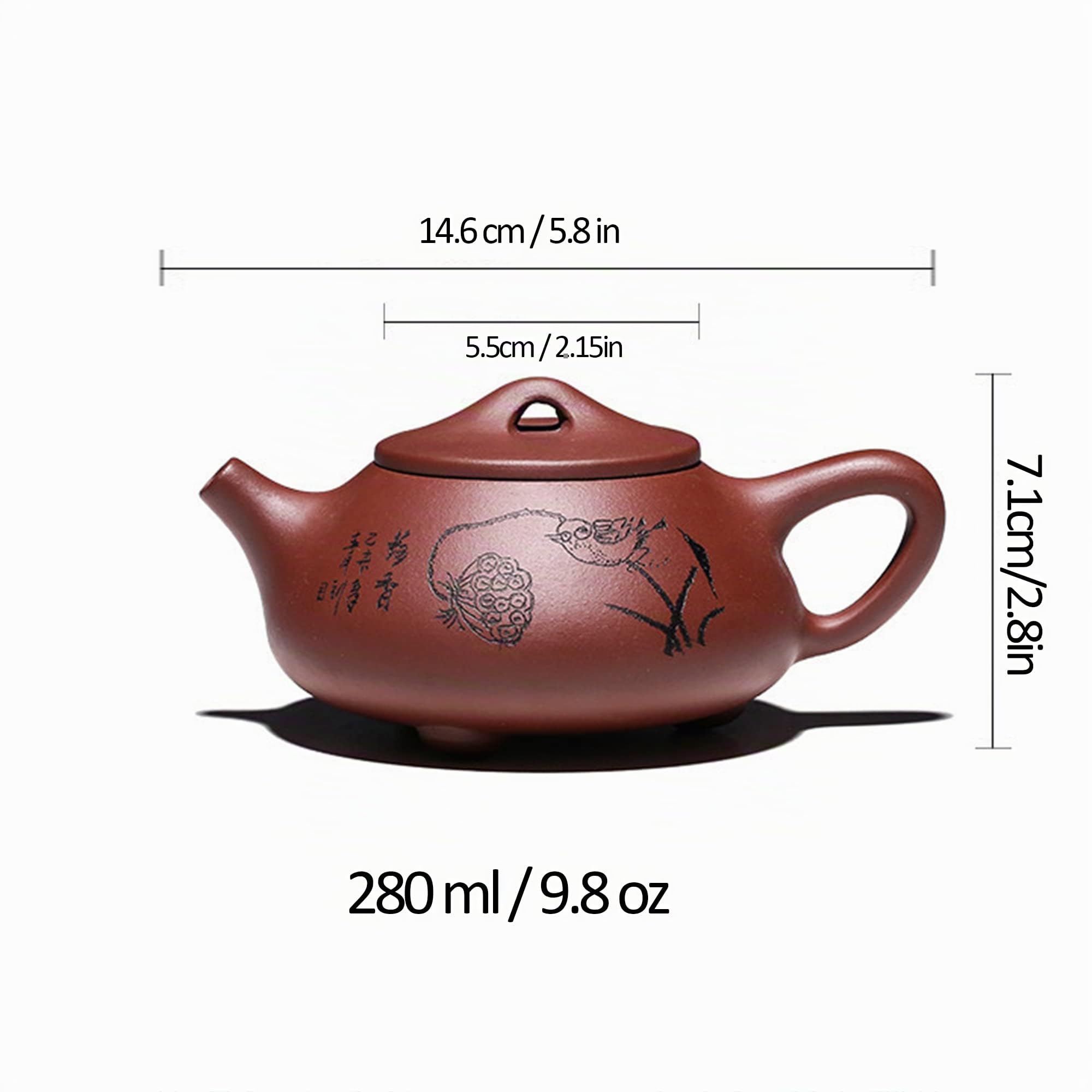 fanquare 280ml Tetera China Hecha a Mano Yixing Zisha，Juego de Té de Arcilla Morada Yixing Zisha con Hojas de Loto y Pájaros Patrón de Flores