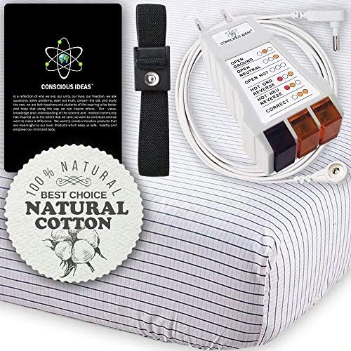 Earthing Grounding Sheet Grounded Fitted Mattress Sheets (white-Grey Strips) Conductive 400TC 95% Natural Cotton 5% Pure Silver Thread Healthy Earth Energy therapy bedding USA Tester Cord (Full Size)
