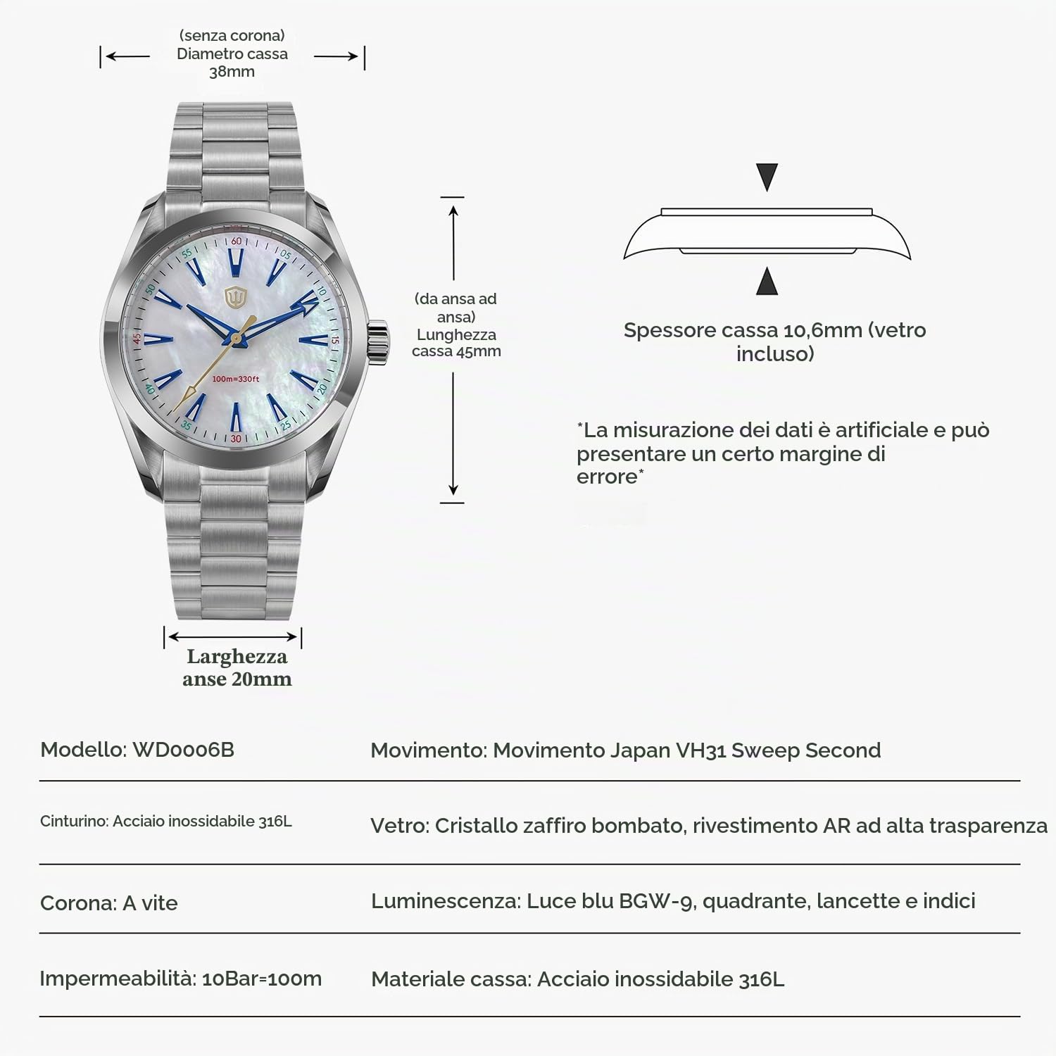 watchdives VH31 Orologio al Quarzo, WD0006 Orologio da Polso in Acciaio Inossidabile 38mm Vetro Zaffiro Bombato Orologi di Lusso 100M Impermeabile