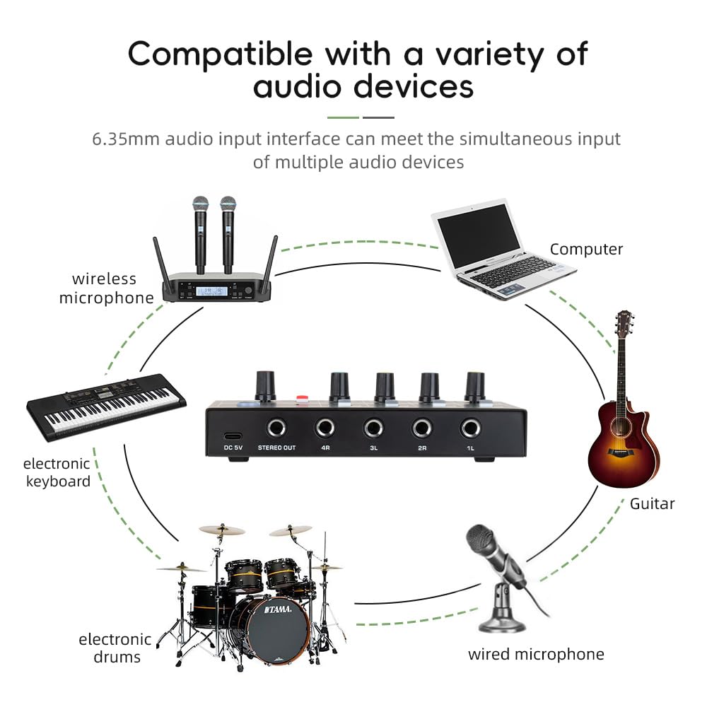 Audio-Mischpult, 4-K-Mikrofon, Stereo-Mischer mit geringem Rauschen, LINE/MIC-Modusschaltung, Typ-C-Netzteil für Mikrofone mit