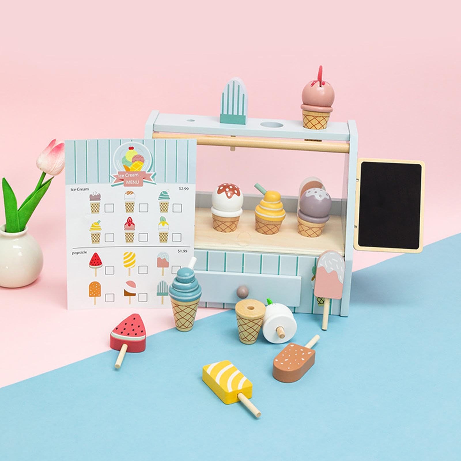 Il giocattolo educativo della gelateria incoraggia i bambini a | mentre giocano, imparando le abilità sociali essenziali e la sicurezza. Giocattolo da cucina per bambini. Negozio di gelati.