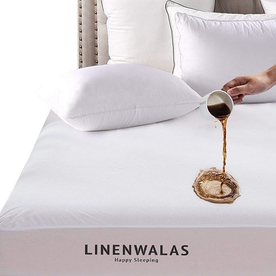 Linenwalas Bed Cover Waterproof & Dustproof Laminated Terry Fitted Cotton Mattress Protector - White - Queen - 60