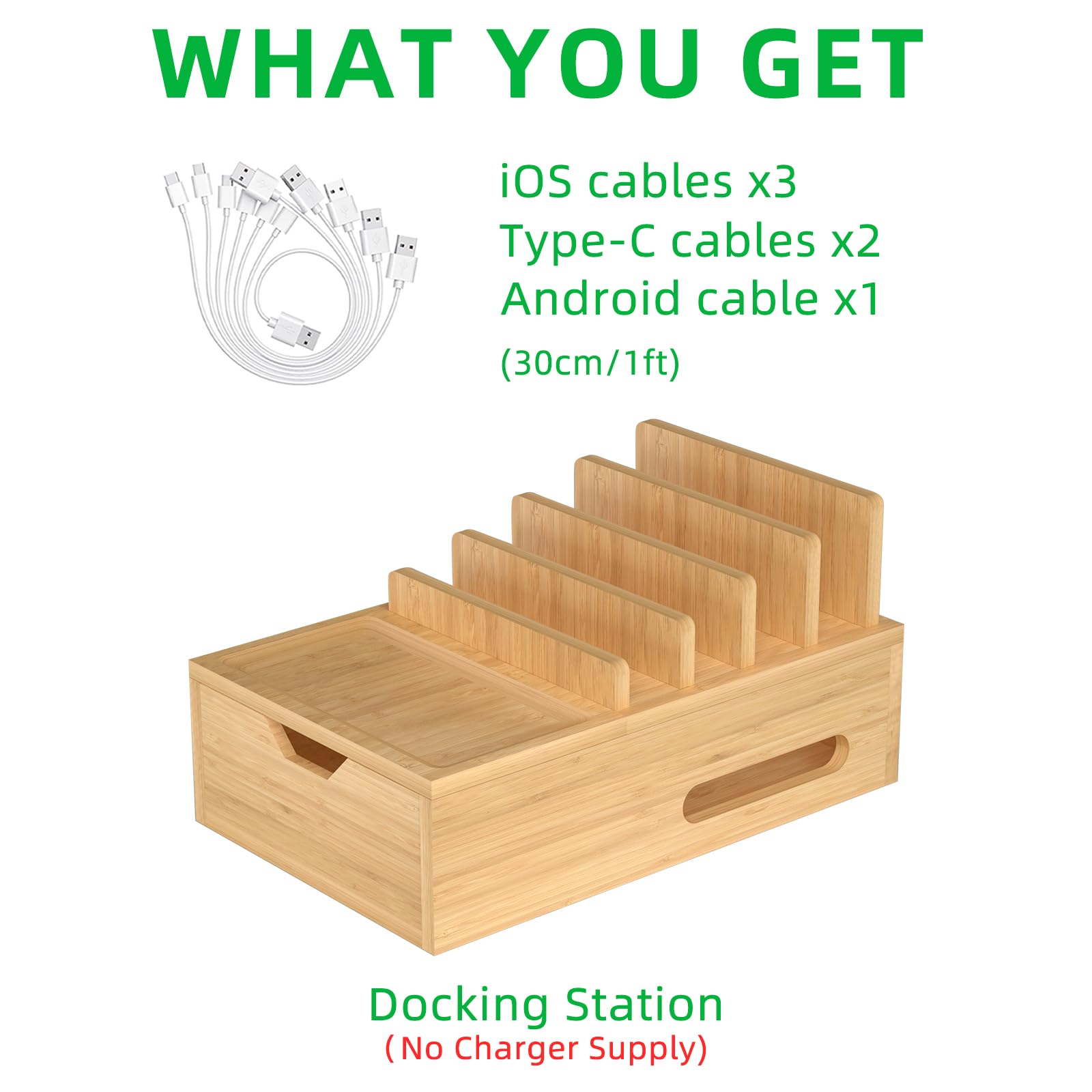 Bambus-Ladestation für mehrere Geräte, Schreibtisch-Lade-Organizer mit Schublade und Ablage, Holz-Dockingstation inklusive 6 Kabeln, kompatibel mit iPhone-Geräten, Handy, Tablet (kein USB-Ladegerät)