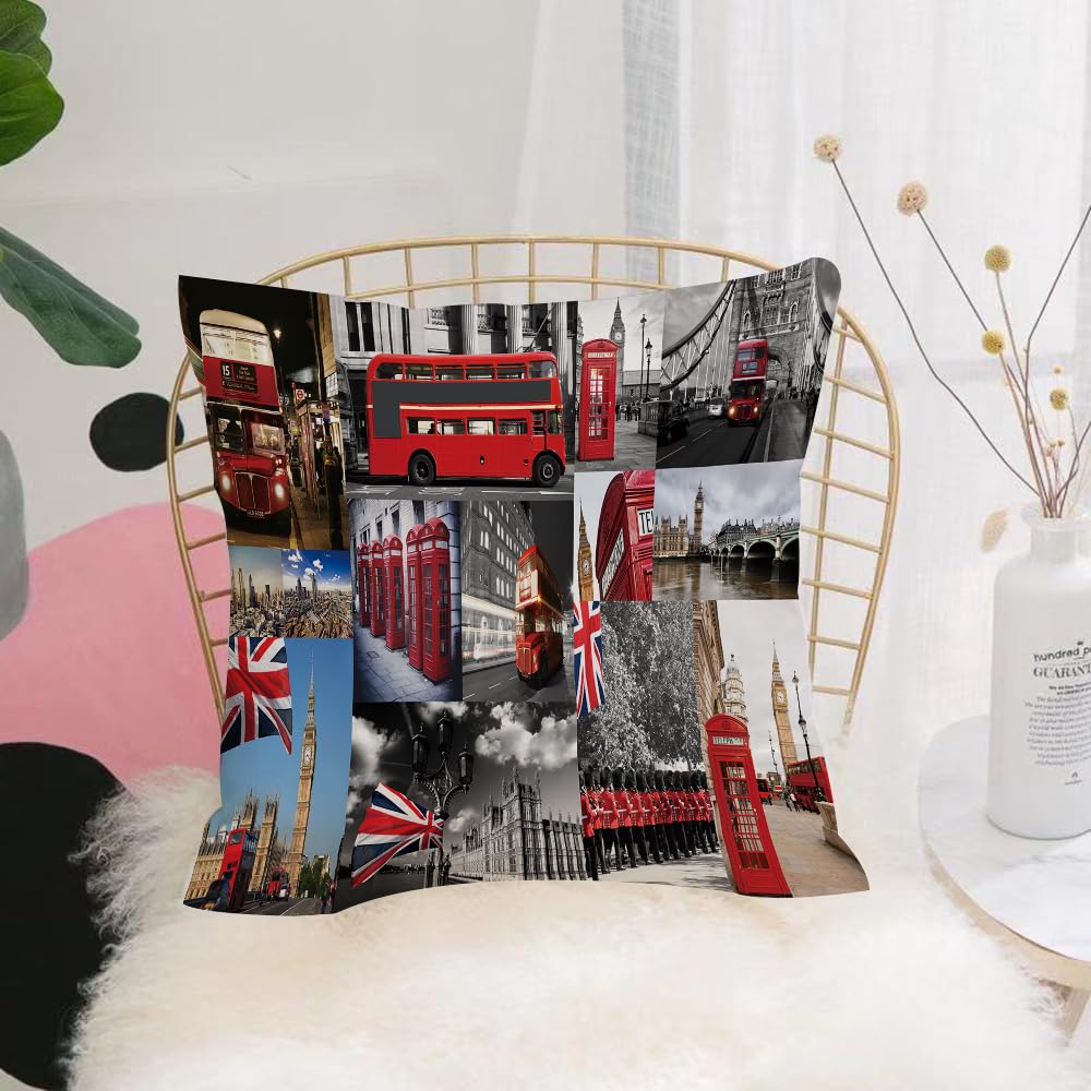 HYOSXW Cushion Cover,Throw Pillow Case Home Decorative for Living Room Bedroom Sofa Chair 16X16 Inch,London Big Ben Tower Bridge UK Flag Capitol Red Bus Telephone Box Honor Team Sq,Pillowcase 40X40cm