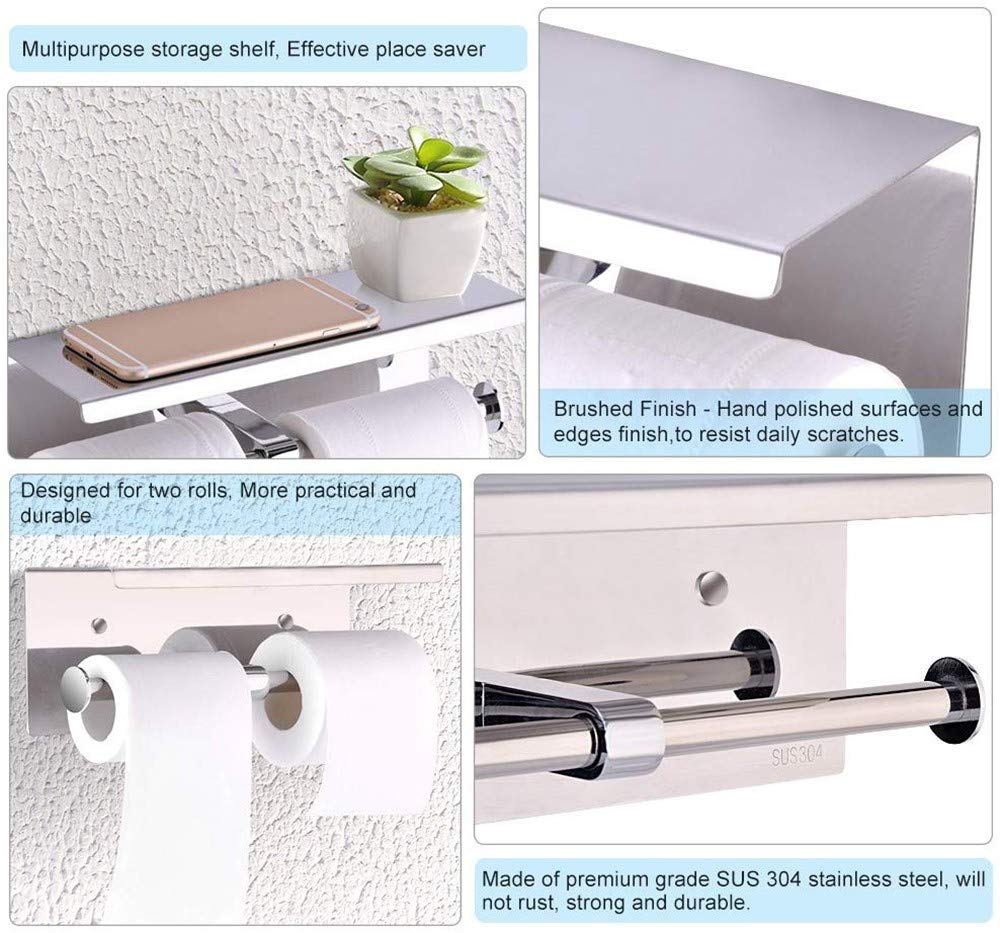 XYNSNDB Portarotolo Doppio per Carta igienica con ripiano a Parete Portarotolo in Acciaio Inossidabile SUS 304 Accessori da Bagno lucidati a Specchio per Cucina Camera da Letto Bagno Viti Incluse