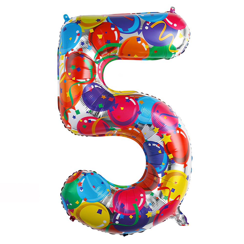 Ponmoo 40 inches Foil Balloons Numbers 5 Multicolour (101cm), Inflatable Helium or Air, Giant Balloon Number 0-9, 10-29, 30-100, Grand Balloons for Anniversary Wedding Birthday Party Decoration
