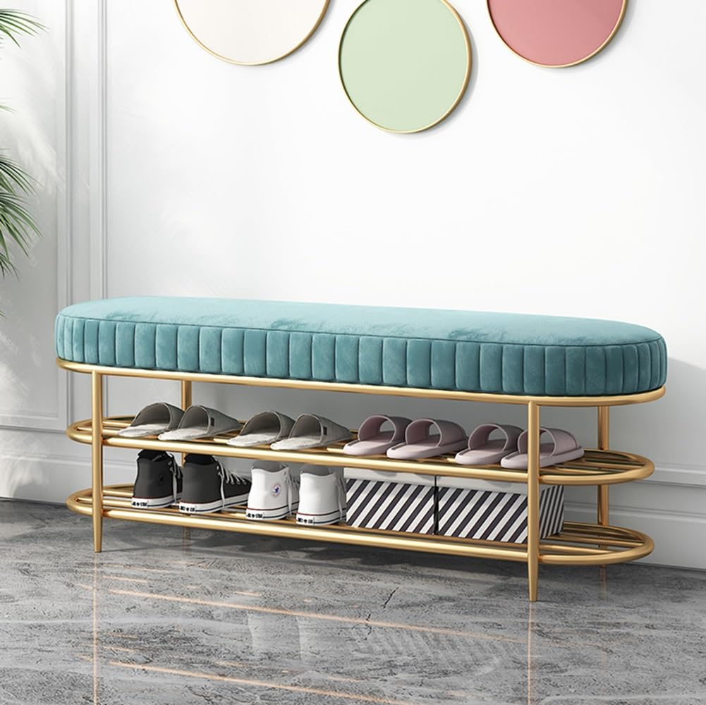 Banc à chaussures bleu et métal doré 100cm pour entrée moderne