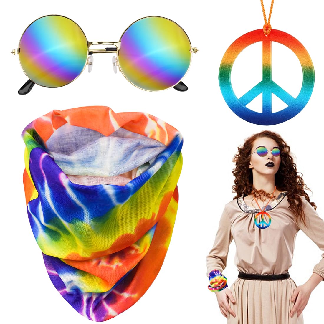 Set Accessori Hippie Uomo Donna - Parrucca Afro, Occhiali Rotondi, Barba E Collana Pace Per Feste Anni 60 70