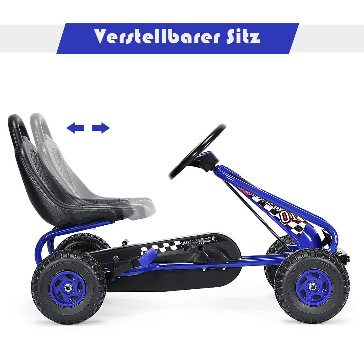 RELAX4LIFE Kinder Gokart mit Handbremse & verstellbarem Sitz, Tretauto mit Pedalen, Tretfahrzeug bis 30 kg belastbar, Kinderfahrzeug vor- & rückwärts fahrbar, Go Cart für Kinder von 3-6 Jahren (Blau)