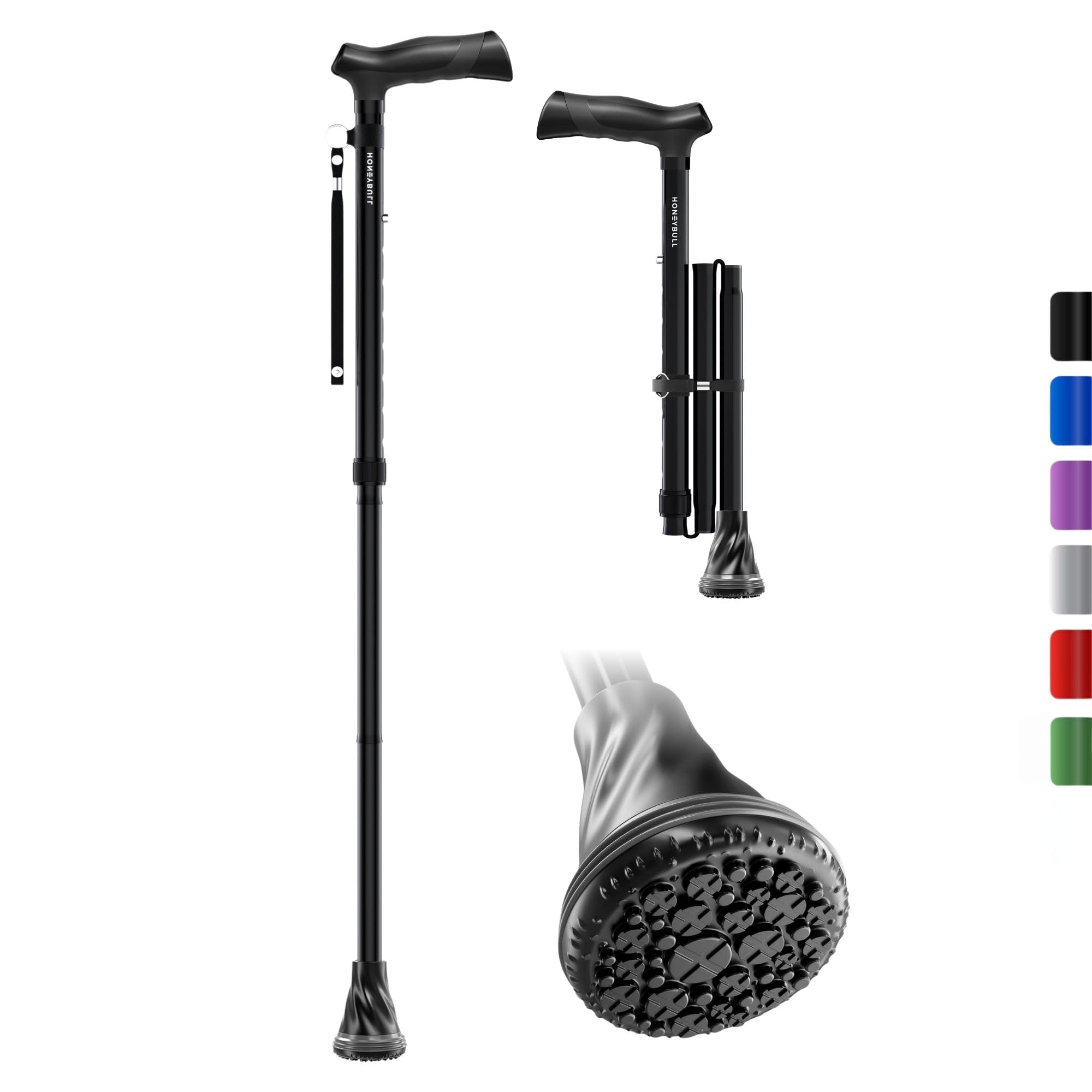 HONEYBULL Walking Cane with Air Cushion for Men & Women - Foldable, Adjustable, Collapsible, Free Standing Cane, Bumper Base Tip, Heavy Duty | Walking Sticks for Seniors & Adults