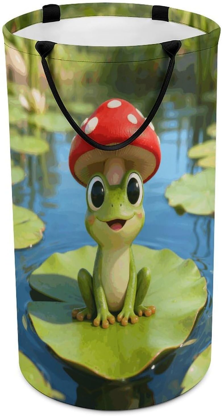 Cute Frog Red Mushroom Laundry Hamper Portable Lightweight Clothes Hampers Fashion Dirty Laundry Storage Basket Large Capacity Foldable Clothes Baskets for Bathroom Bedroom