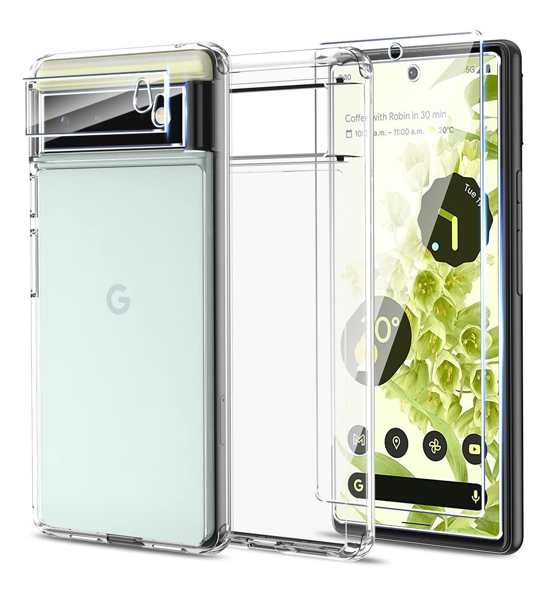 OUBA [5 in 1 Protective Case Defender Designed for Google Pixel 6 5G, with 2 Pack Tempered Glass Screen Protector + 2 Pack Camera Lens Protector [Military Grade Protection] Shockproof Slim Thin Clear