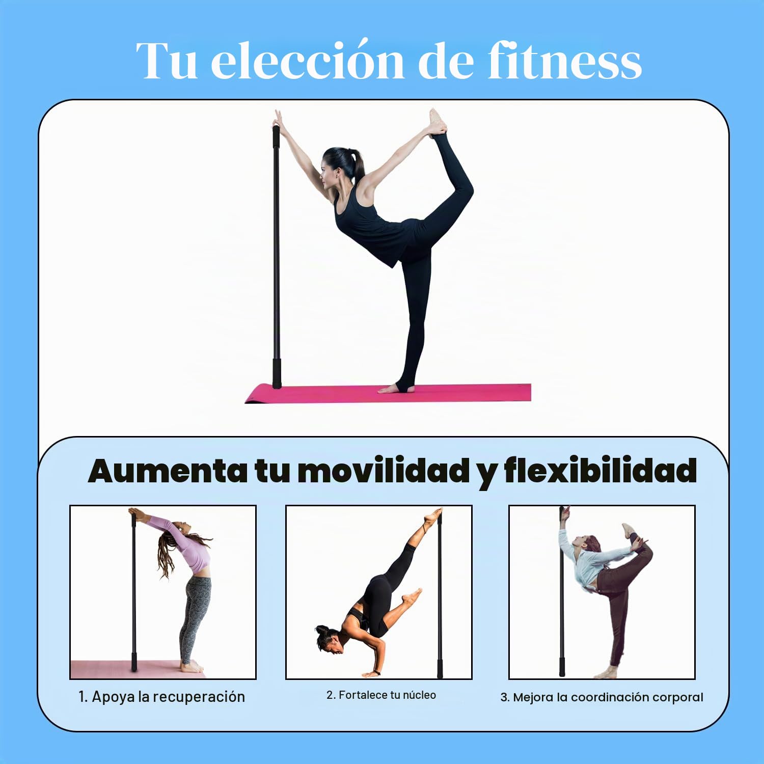 Gosknor Palo de Yoga, Palo de Estiramiento de Yoga Ajustable de 1,52m Palo de Movilidad de Acero Inoxidable para Estiramiento Palo de Ejercicio Multifuncional para Fitness, Equilibrio, Estiramiento