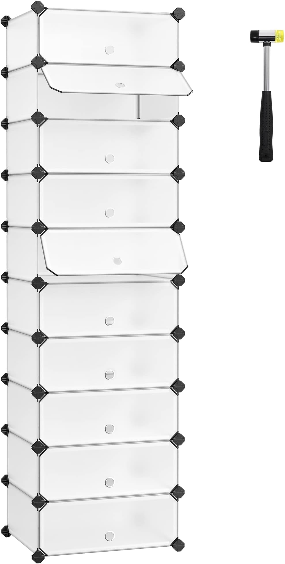 SONGMICS DIY Shoe Rack Organiser with Doors, 10-Tier Storage Rectangular Cubes for 20 Pairs of Shoes, Closet Wardrobe Divider Shelf, Rubber Mallet Anti-Tip Kit, White LPC10W