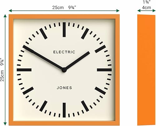 Miniatura 4 de JONES CLOCKS Reloj de pared Box Railway  Reloj de estación cuadrada  10 pulgadas  Naranja  Aspecto de diseñador genial para cocina, sala de estar u