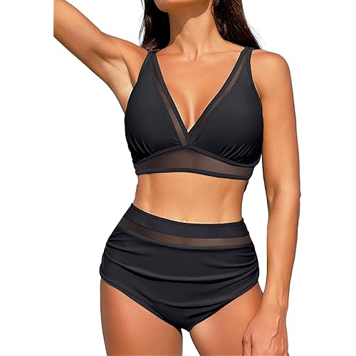 Women High Waist Bikini Sets Two Piece Mesh Tummy Control Bathing Suits Ruched Swimsuits