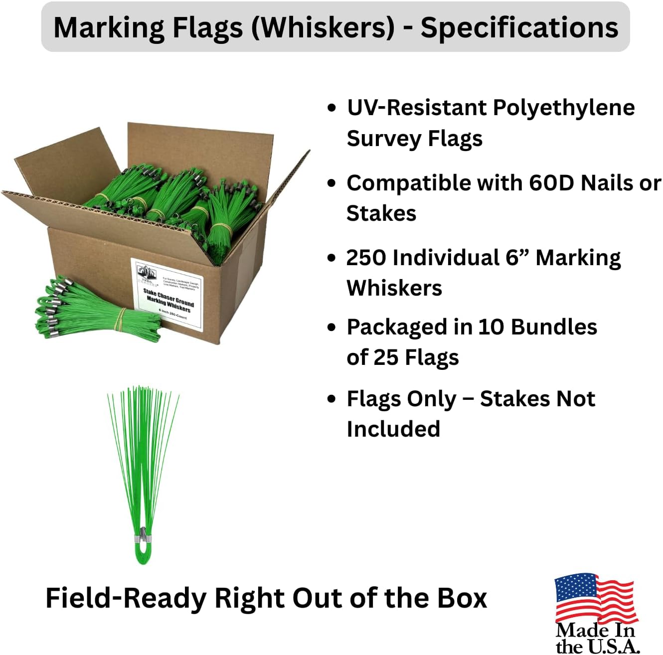 Trail Chasers® 6" Green Marking Flags (Whiskers) – Survey Markers, 250 Count – High Visibility, Durable Ground Markers for Construction, Utility & Landscaping