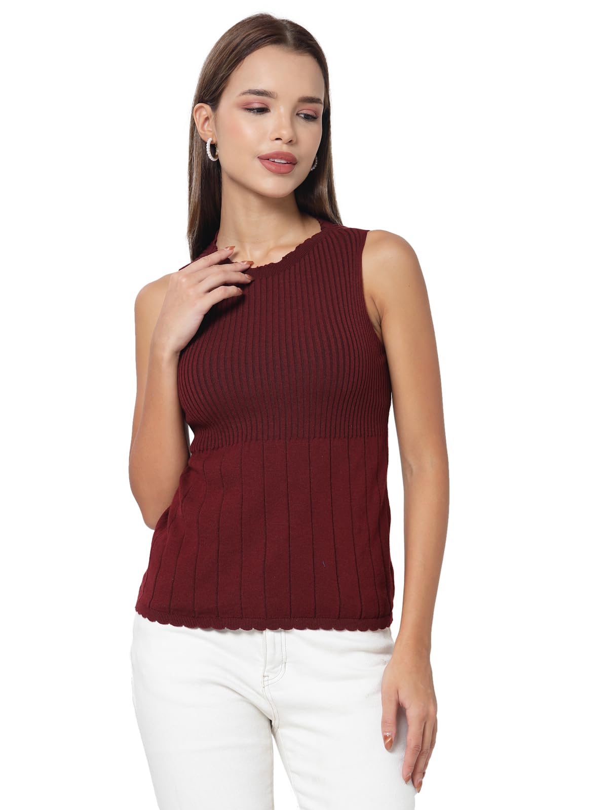 Women Sleeveless Round Neck Knitted Ribbed Top