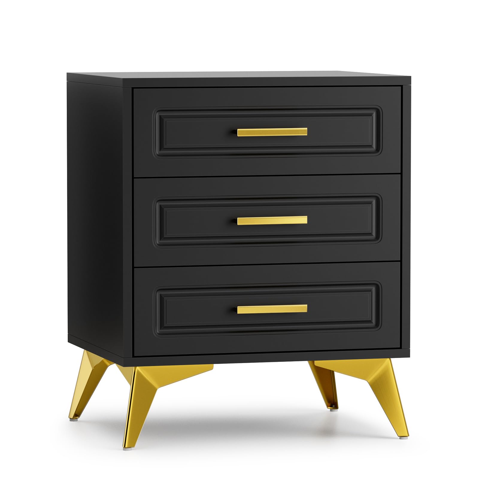 Skokliz Bedside Table with 3 Drawers, Morden Nightstand Features Gold Metal Legs, Wood Side Table for Bedroom, Living Room, Small Spaces 48x40x62cm, Black