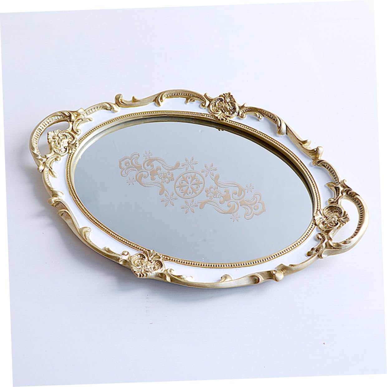 MAGICLULU Vassoio Ovale Portaoggetti in Resina Vassoio Porta Accessori Superficie Specchio Porta Gioielli Elegante per Casa Stampa Floreale Bianca