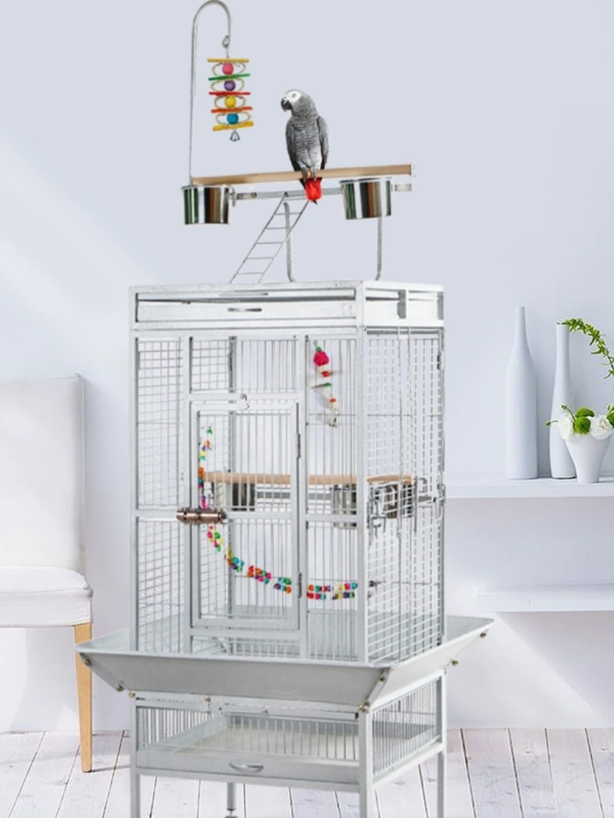 Vogelkäfig im Freien, Großer Vogelkäfig Aus Schmiedeeisen Mit Spielplatte Und Rollständer, Papageienkäfig, Vogelkäfige Vogelvoliere Vogelkäfig Voliere(B)