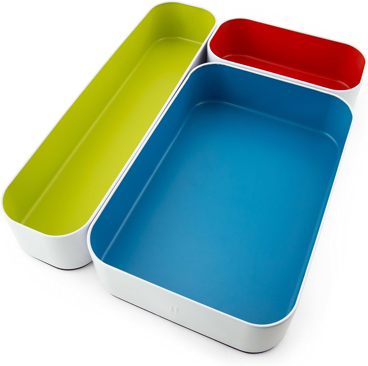 Three by Three Seattle 3 Piece Shallow Metal Organizer Tray Set for Storing Makeup, Stationery, Utensils, and More in Office Desk, Kitchen and Bathroom Drawers (2 Inch, Multicolor)