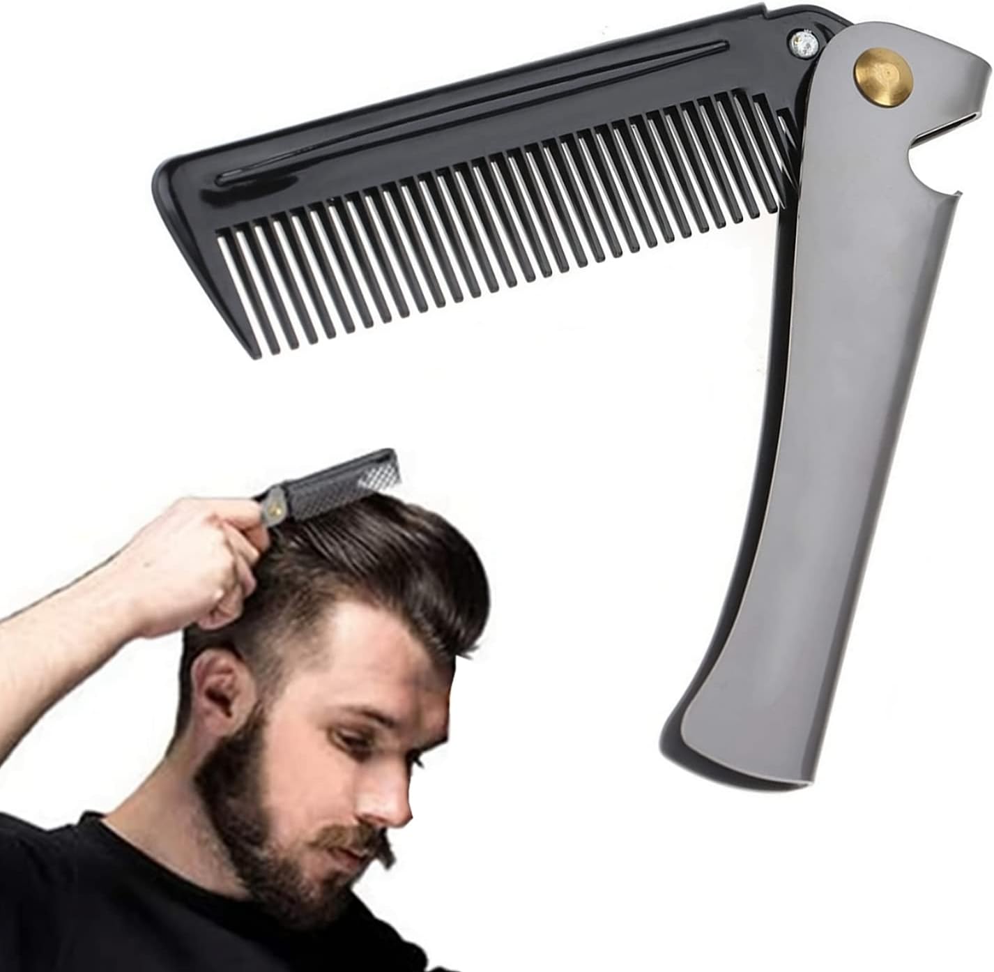 Excefore Folding Beard Comb, Portable Stainless Steel Round Comb for Men, Folding Carrying Pocket Oil Hair Moustache Shaping Comb for Grooming Styling, Combing Hair, Beards and Mustaches