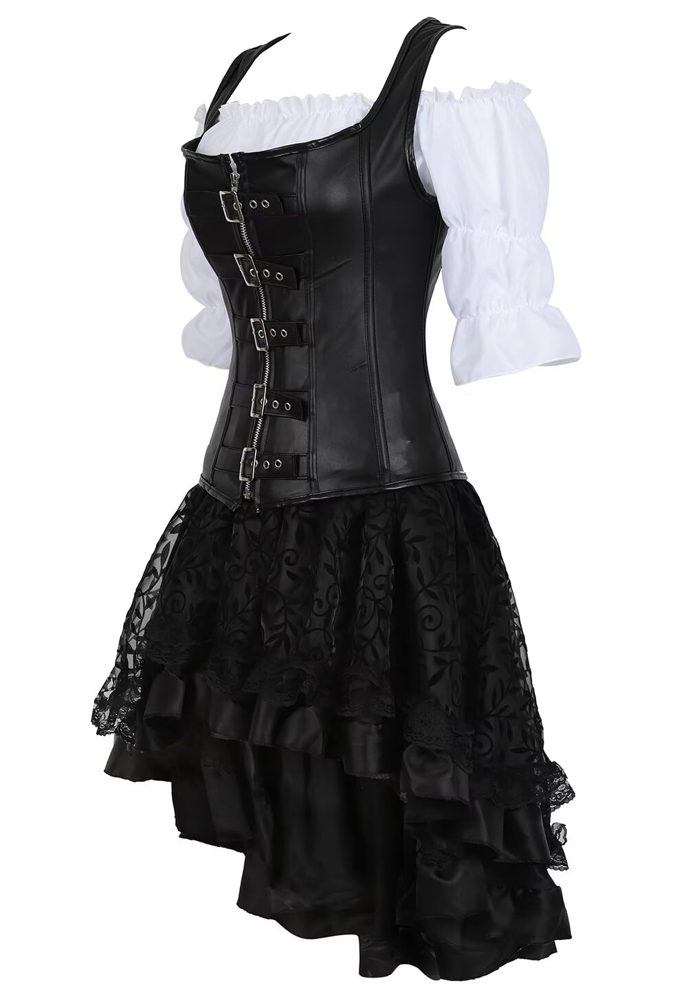 jutrisujo Korsett Steampunk Corsage 3-teiliges Set Corsagenkleid Piraten Kostüm mit Spitzenrock und Bluse für Halloween