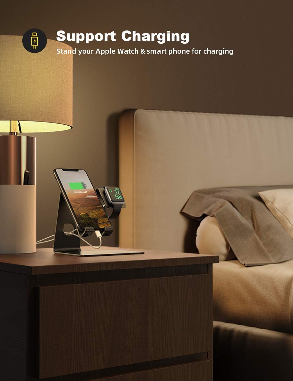 Lamicall stand on a nightstand with an iPhone and Apple Watch charging