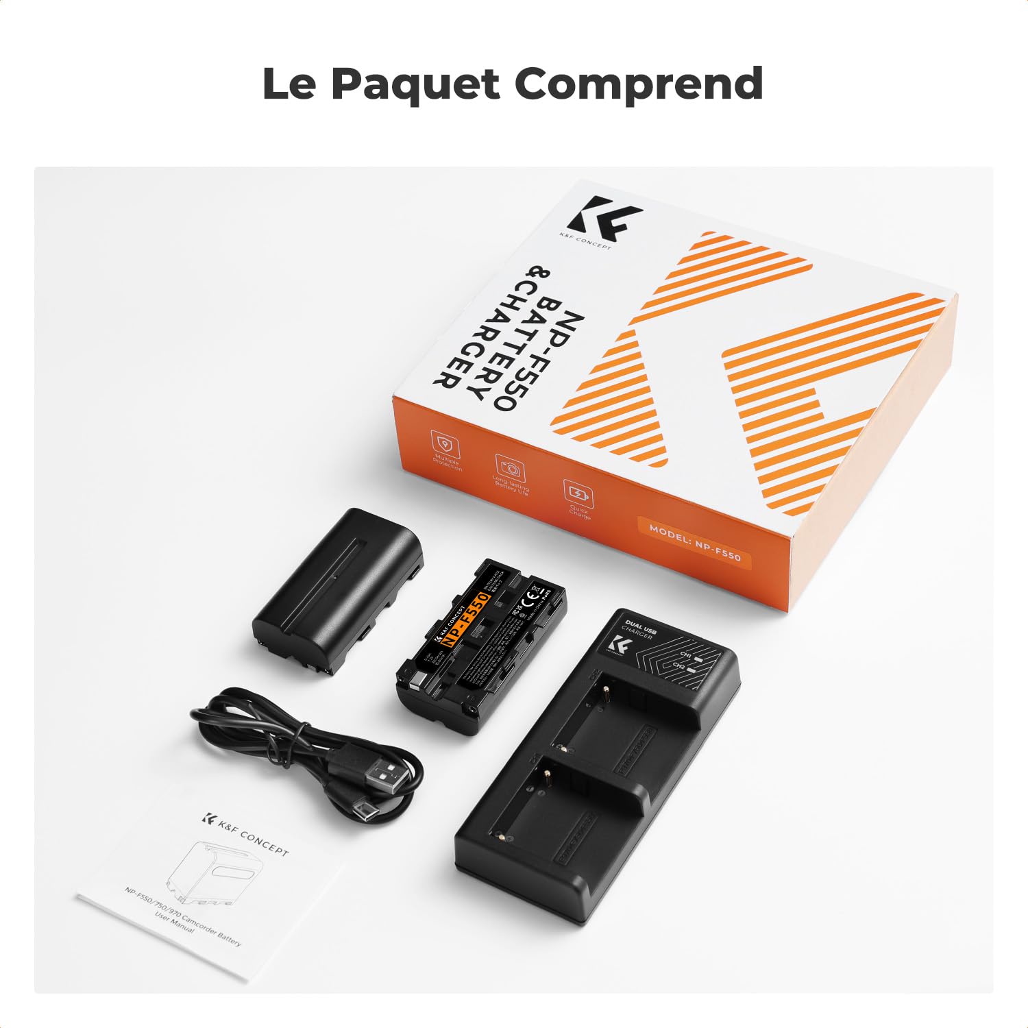 K&F CONCEPT NP-F550 Batterie LED Chargeur Kit 2600mAh Compatible avec Sony NP-F550 F570 F750 F770 F930 F950 F960 F970 pour Lampes LED/Moniteur/Curseur de Caméra