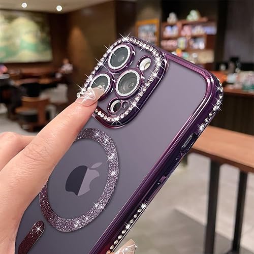 Miniatura 5 de MZELQ Compatible con iPhone 14 Pro Max - Carcasa magnética galvanizada soporte para Magsafe Cubierta de lente de cámara con diamantes brillantes