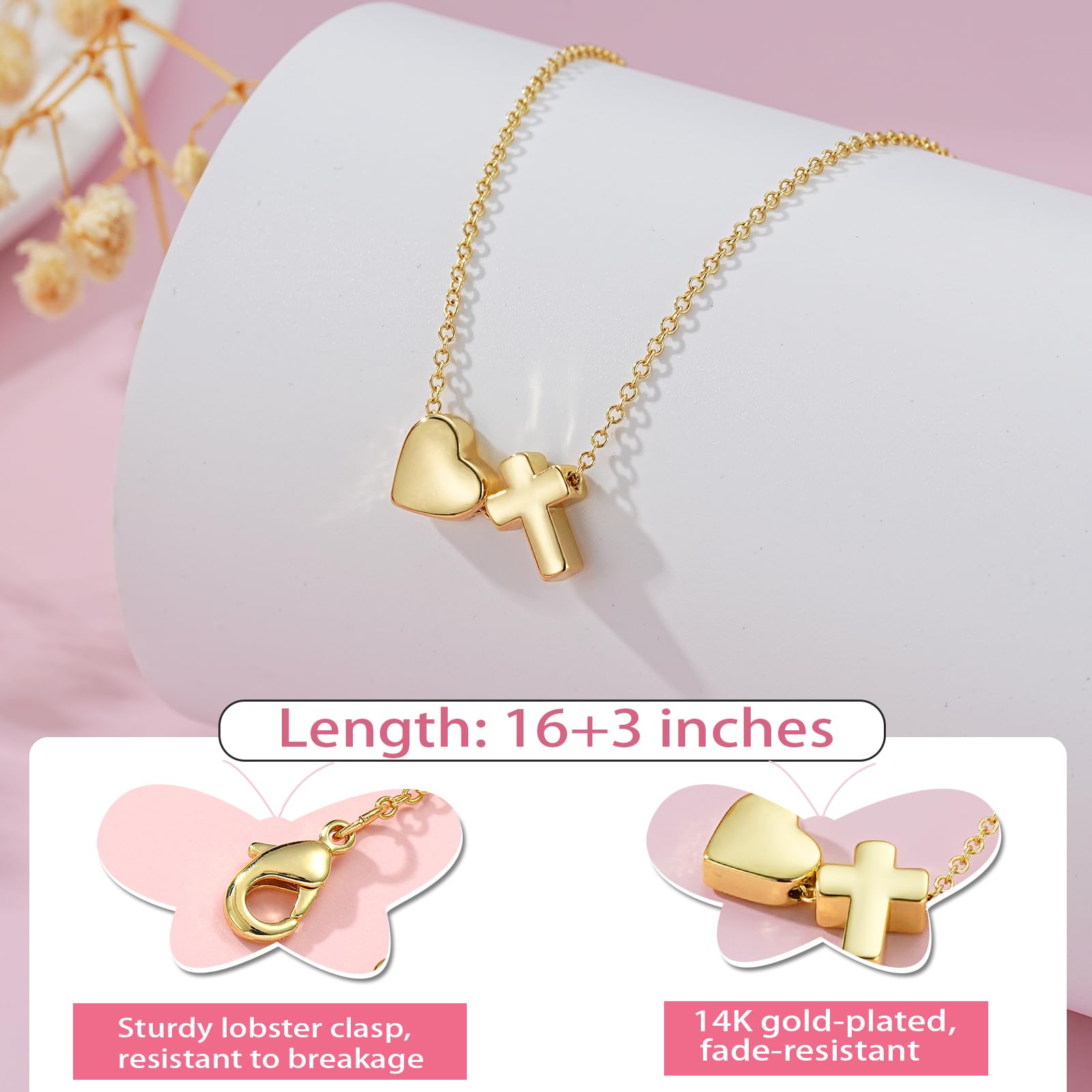 ESPVO Confirmation First Communion Baptism Gifts for Girls, 14K Gold Plated Heart Cross Necklace for Daughter Granddaughter Niece Sister Christian Religious Gifts 16+3 Inches - 5