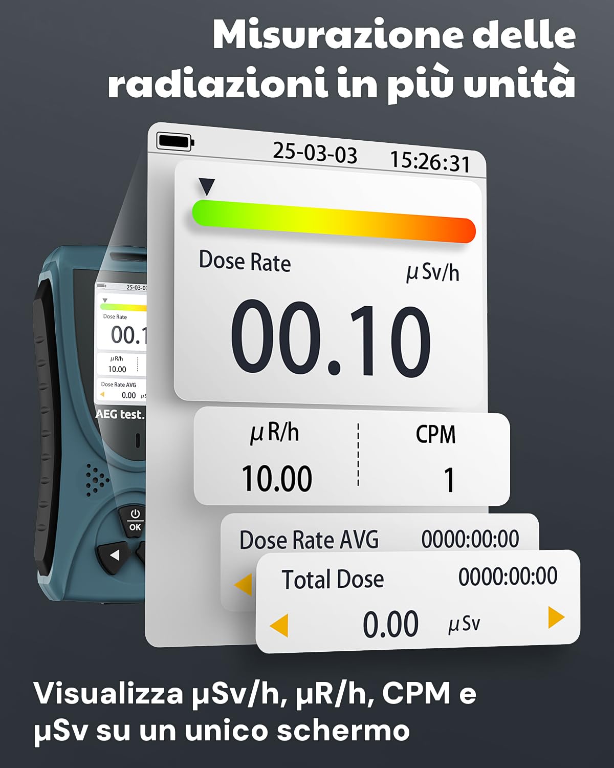 AEGTEST Contatore Geiger Radar-5633 Rilevatore Radiazioni Nucleari Schermo LCD Dosimetro Ricaricabile Beta Gamma X CPM μSv/h