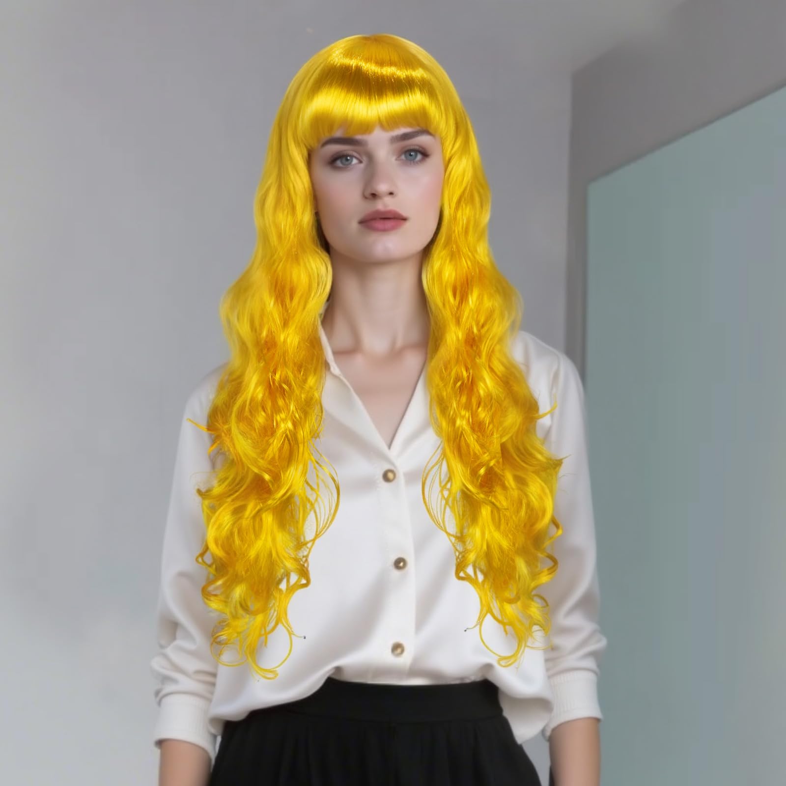 BEKIDER (+Hair Cap) Long Wavy Yellow Wig with Bangs Womens Yellow Curly Wig Cosplay Synthetic Wigs for Halloween Cosplay Fancy Dress Wigs Daily Party Outfit - Image 4