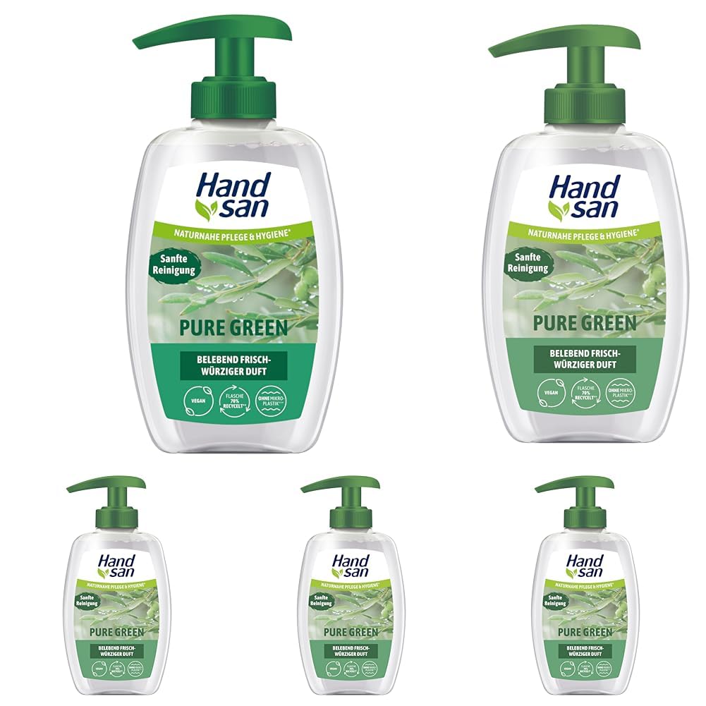 Handsan Flüssigseife Pure Green im Spender | Für einen Moment Natur in deinen Händen | mit belebend frisch-würzigem Duft | 300ml (Packung mit 5)