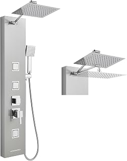 ROVOGO Duschpaneel mit Armatur - 30x20cm Edelstahl 304 Regenduschkopf, 4-Funktionen Duschsäule: Regenbrause, Massagedüsen, Handbrause, Wanneneinlauf - mit Höhenverstellbarem Messingduscharm, Gebürstet