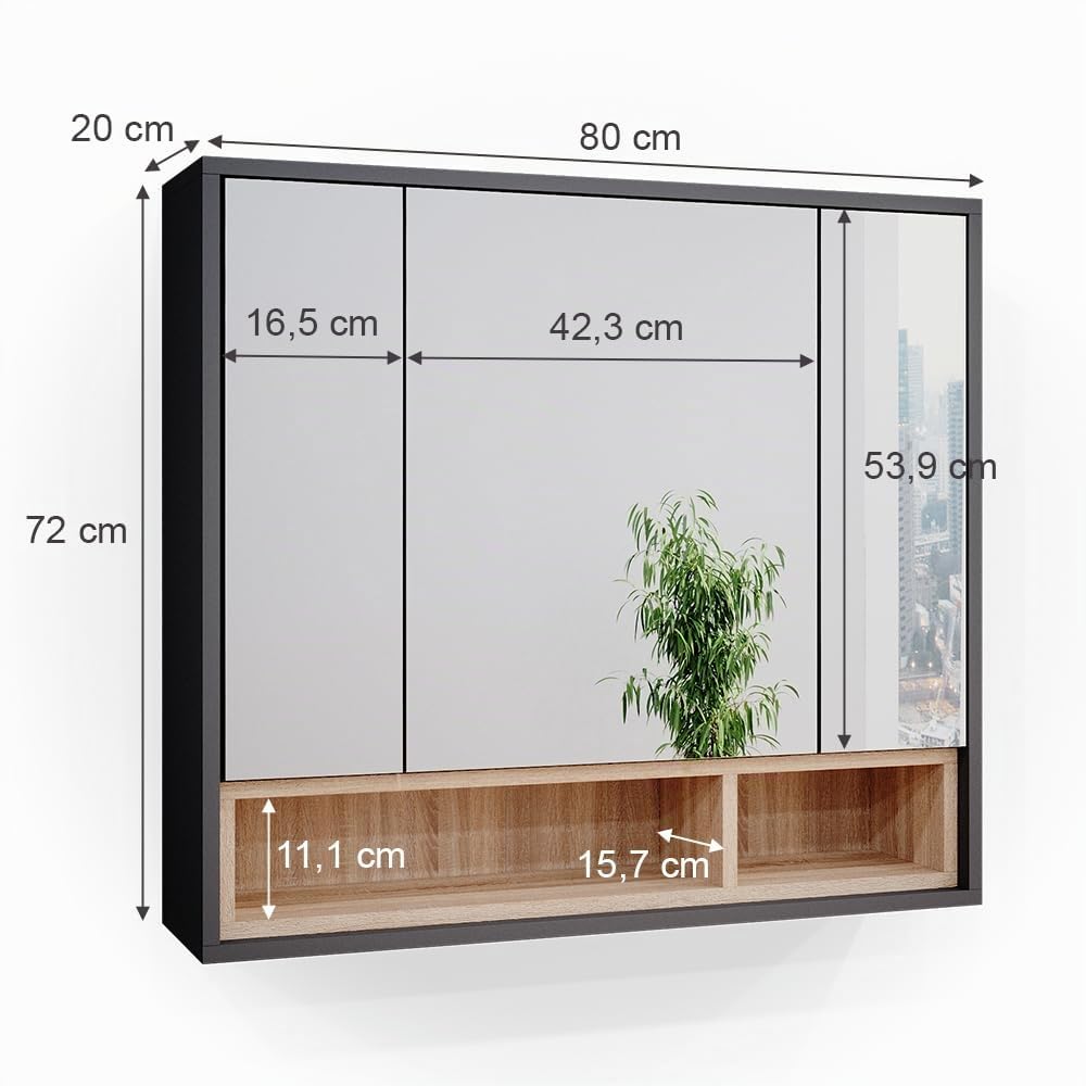 Vicco Armoire de Toilette Beatrice, Anthracite, 80x72cm | pour montage mural avec étagères ouvertes