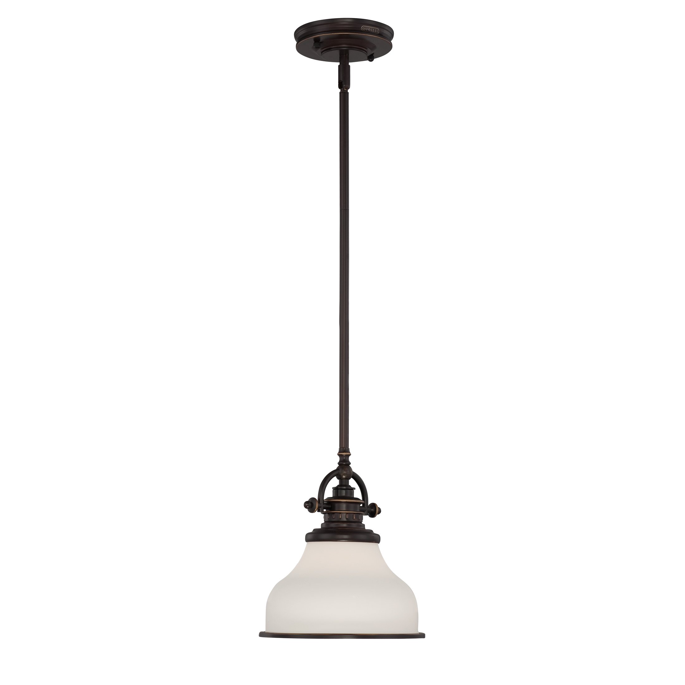 Quoizel Grant Mini Pendant Lighting, 8 Inch 1-Light Palladian Bronze Opal Etched Glass Pendant Light, Hanging Ceiling Light for Kitchen Island, Dining Room, Hallway, Bedroom, Bar, Cafe or Office